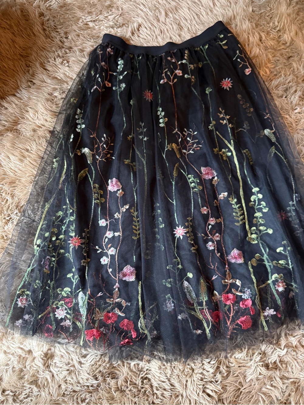 Black Floral Embroidered Tulle Skirt - Black Floral